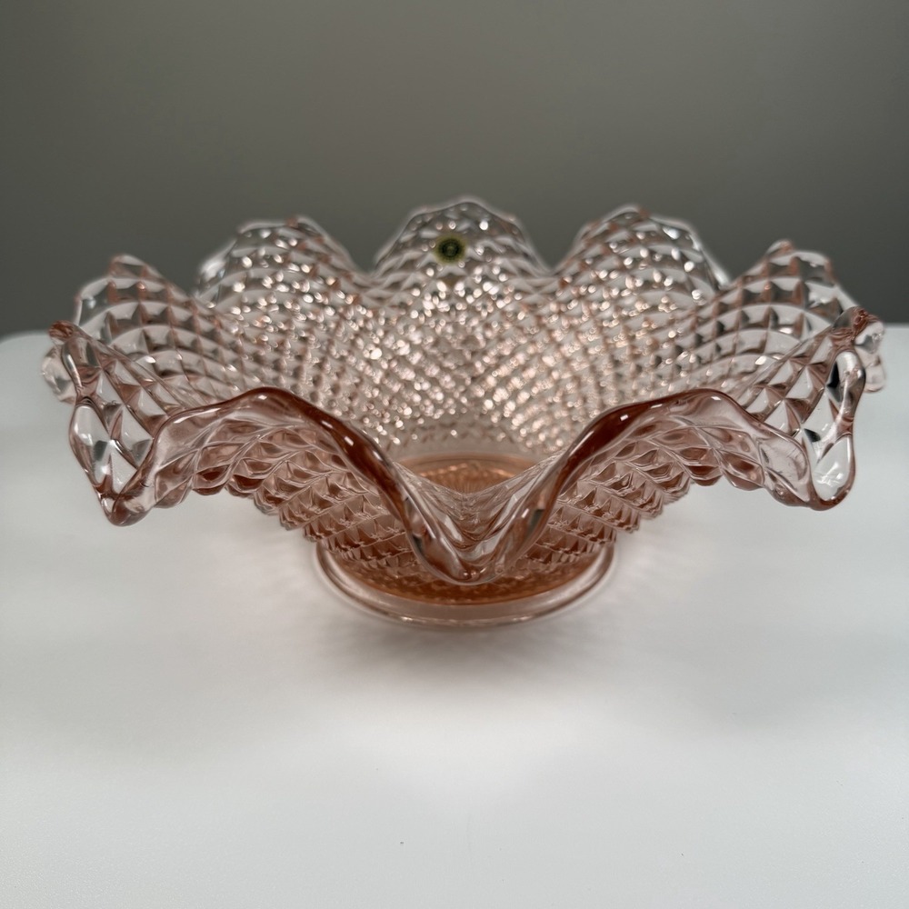 Vintage Westmoreland Pink Glass Diamond Point Ruffled Bowl NOS Label